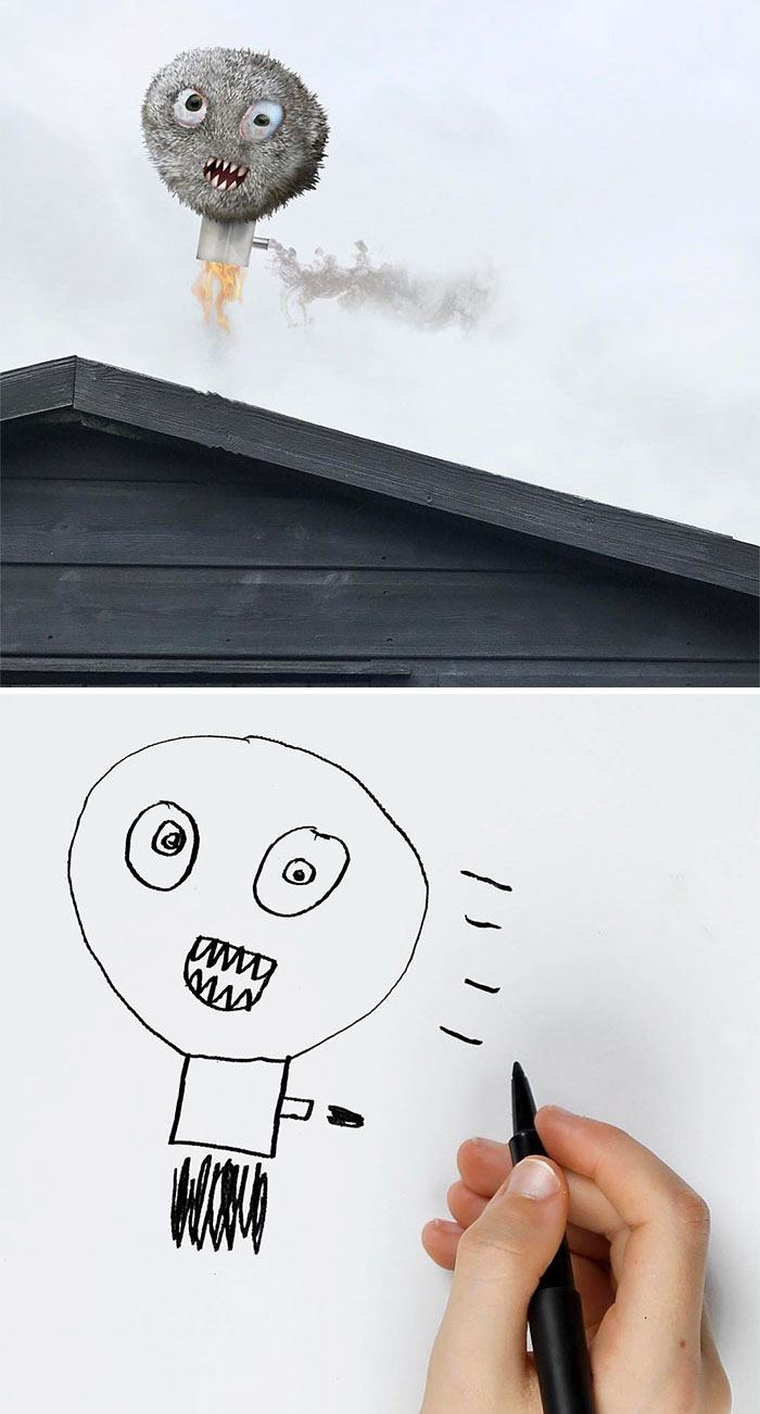 Ce papa montre ce qui arriverait si les dessins d’enfants devenaient réalité, et les résultats sont à la fois drôles et terrifiants (25 images)