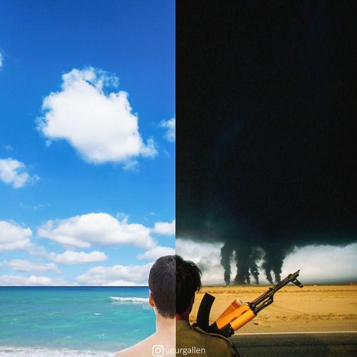 Je montre le contraste entre les deux mondes dans lesquels nous vivons en combinant des photos (22 nouvelles images)