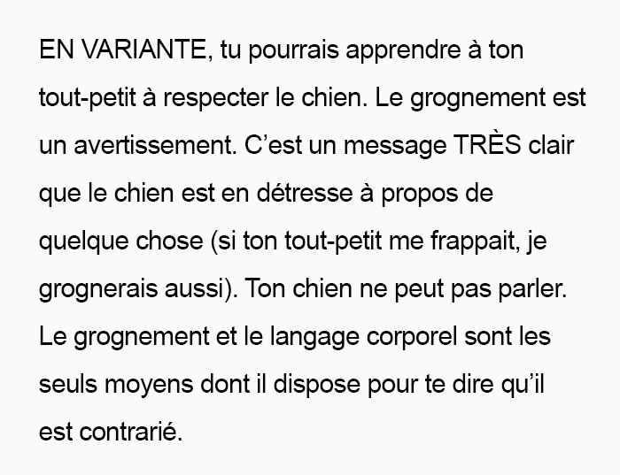 Des gens donnent des conseils intéressants à une maman qui se demande quoi faire pour que son chien arrête de grogner quand son tout-petit le frappe