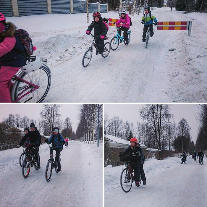 En Finlande, les enfants continuent d’aller à l’école à vélo même lorsqu’il fait -17 °C et c’est une leçon pour nous tous