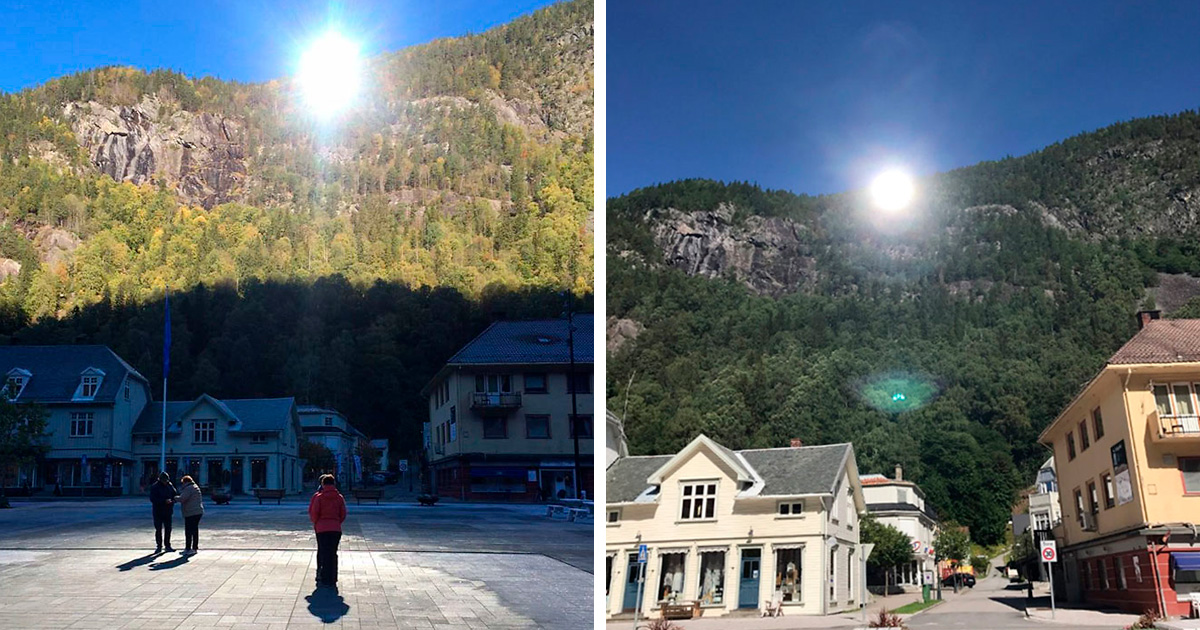 Cette ville n’a pas de soleil pendant 5 mois, alors elle a dépensé 5 millions de couronnes norvégiennes pour installer des miroirs dans les montagnes qui imitent la lumière du soleil