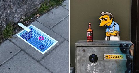 Un artiste «&nbsp;vandalise&nbsp;» les rues avec des oeuvres d’art pixélisées qui interagissent avec leur environnement (33 images)