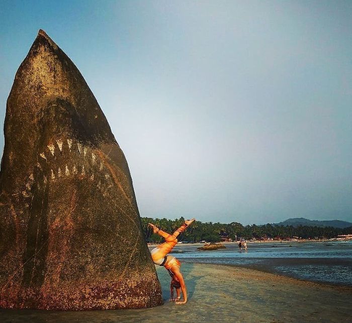 Un graffeur a transformé un rocher de plage en un grand requin blanc et les gens publient leurs meilleures photos avec lui
