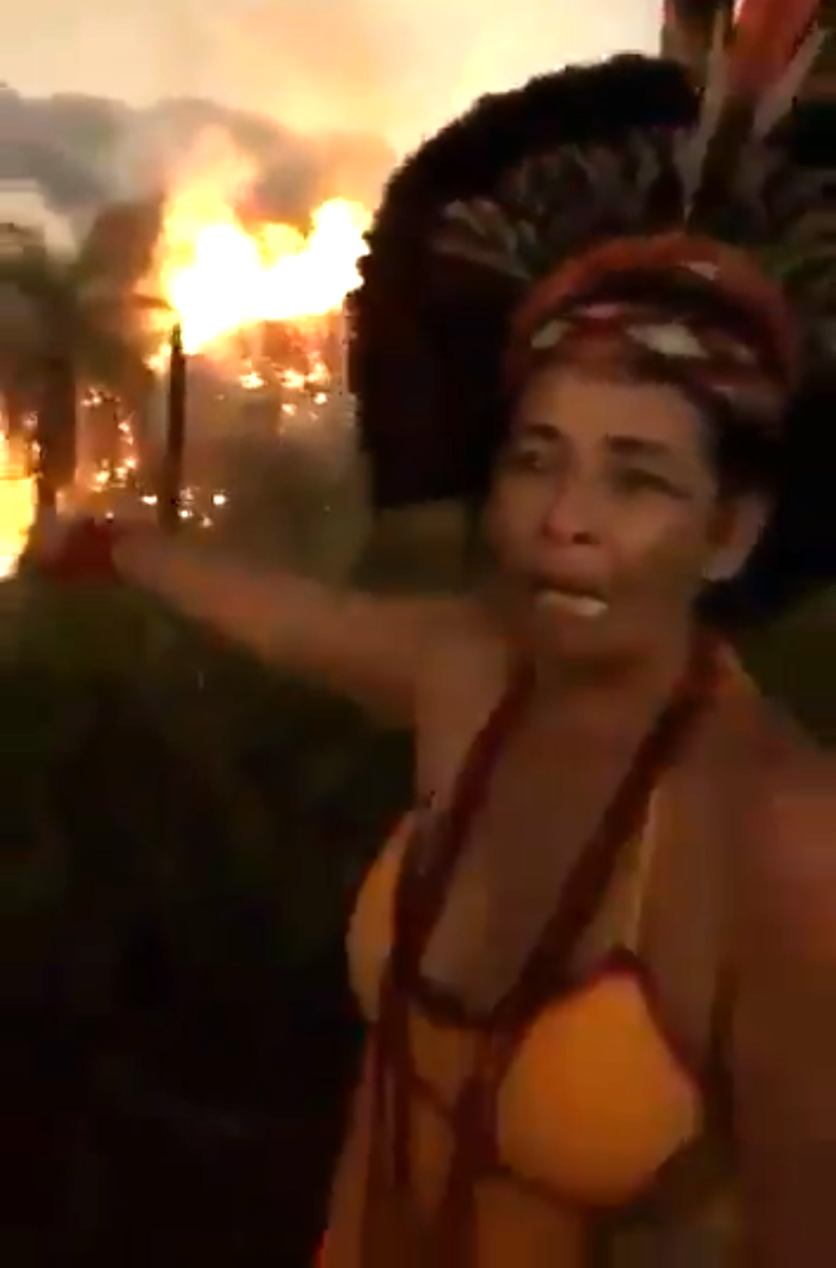 Une femme autochtone brésilienne pleure alors que la forêt amazonienne brûle derrière elle