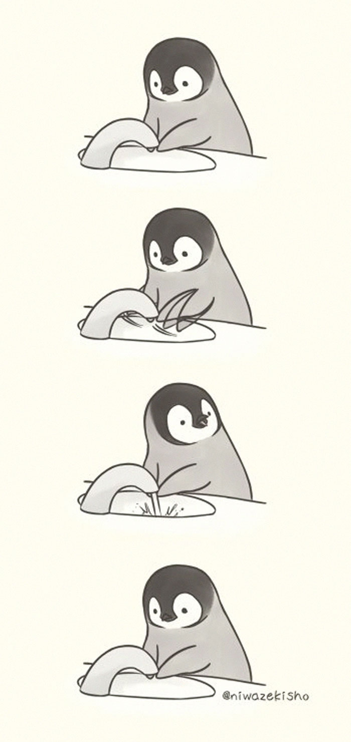 Ces 30 bandes dessinées au sujet d’un petit manchot qui est incapable d’accomplir des tâches simples sont trop mignonnes