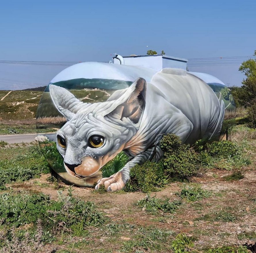 Un artiste de rue peint une illusion bluffante d’un chat sphynx sur un vieux réservoir d’essence