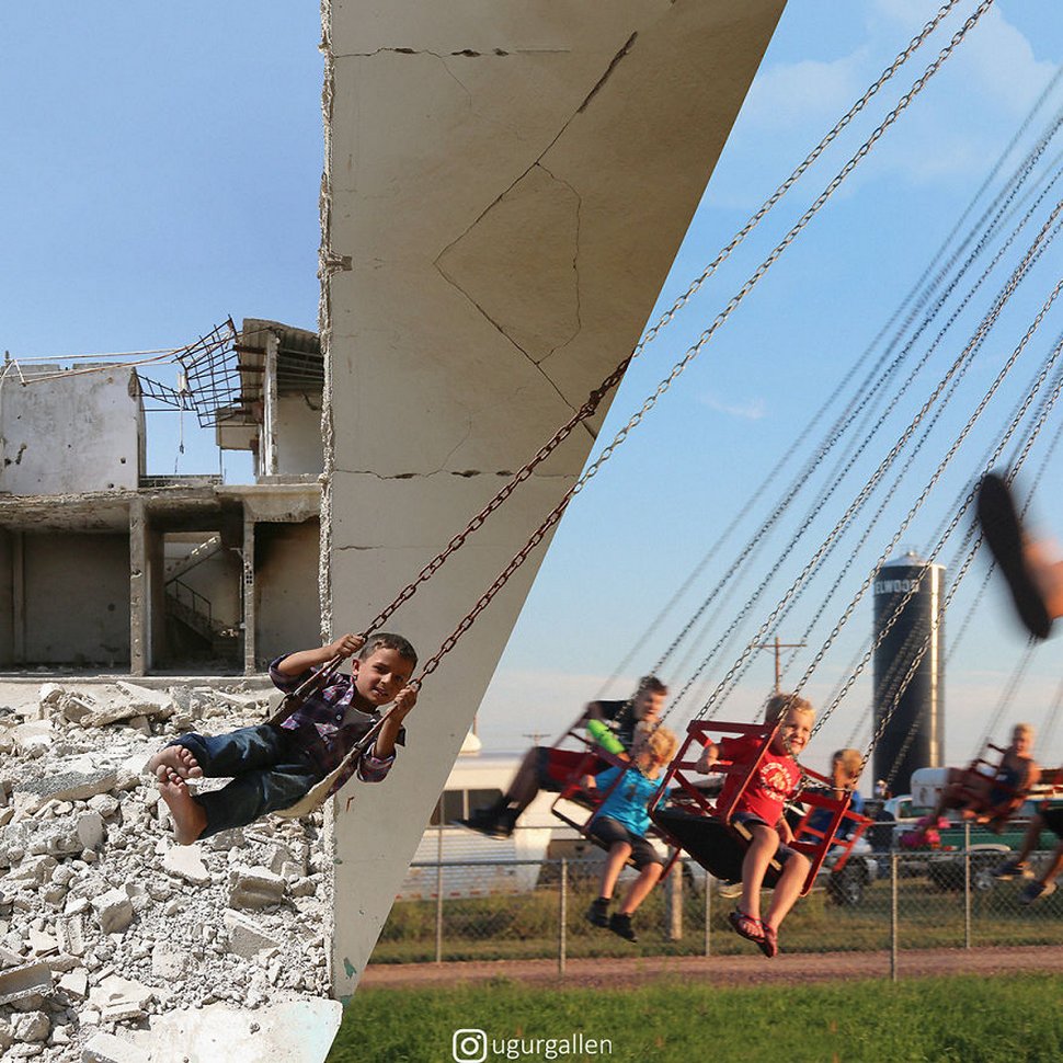 Cet artiste montre le contraste entre les deux mondes dans lesquels vivent les enfants en combinant des photos