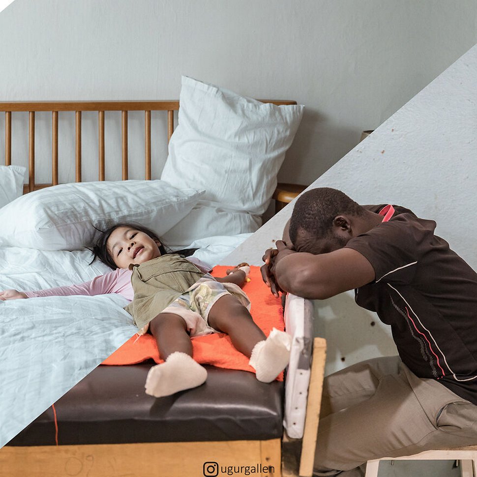 Cet artiste montre le contraste entre les deux mondes dans lesquels vivent les enfants en combinant des photos