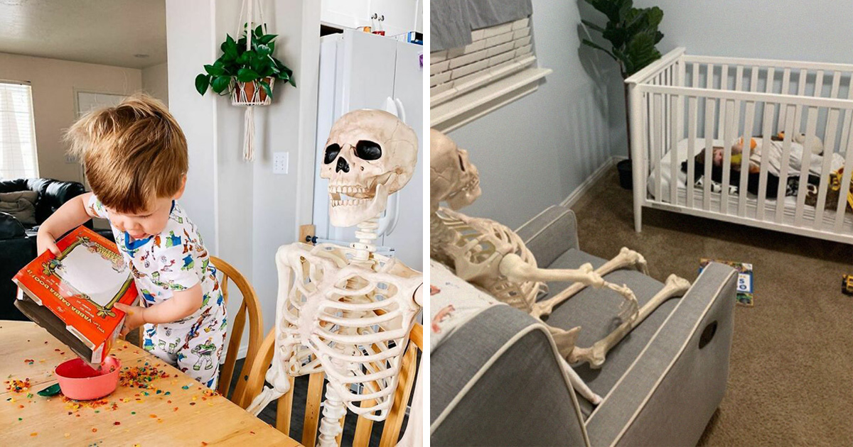 Un Jeune Enfant Se Lie D'amitié Avec Un Squelette Effrayant Que Ses Parents  Ont Obtenu Comme Décoration D'halloween - Ipnoze