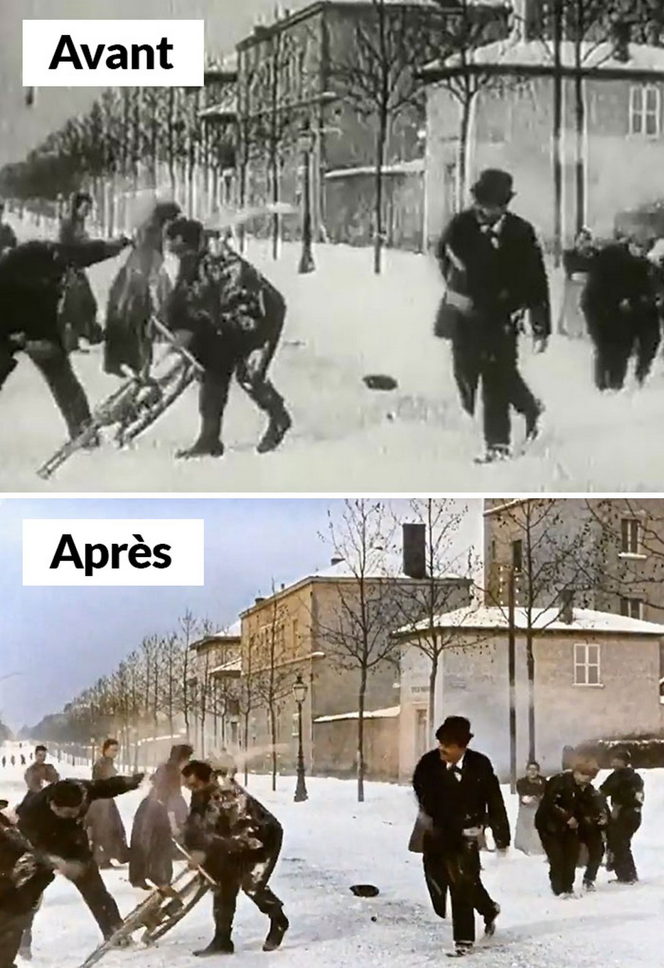 Ce film en noir et blanc de 1896 d’une bataille de boules de neige en France a été colorisé pour avoir l’air moderne