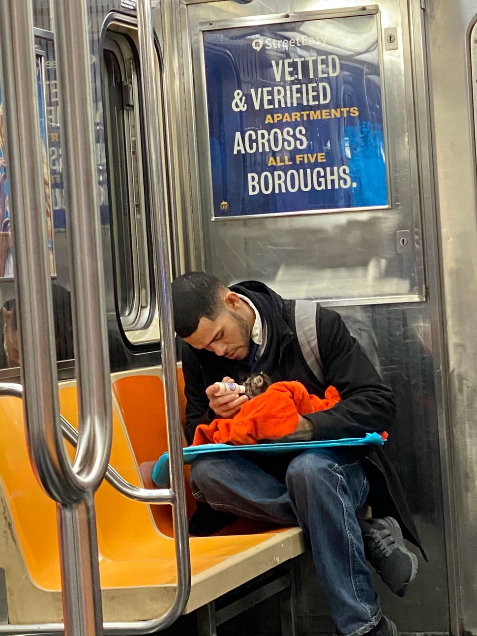 Un homme vu avec un minuscule chaton dans le métro redonne confiance aux gens en l’humanité ! Par Janvier Doyon Homme-avec-chaton-metro-gillian-rogers-003