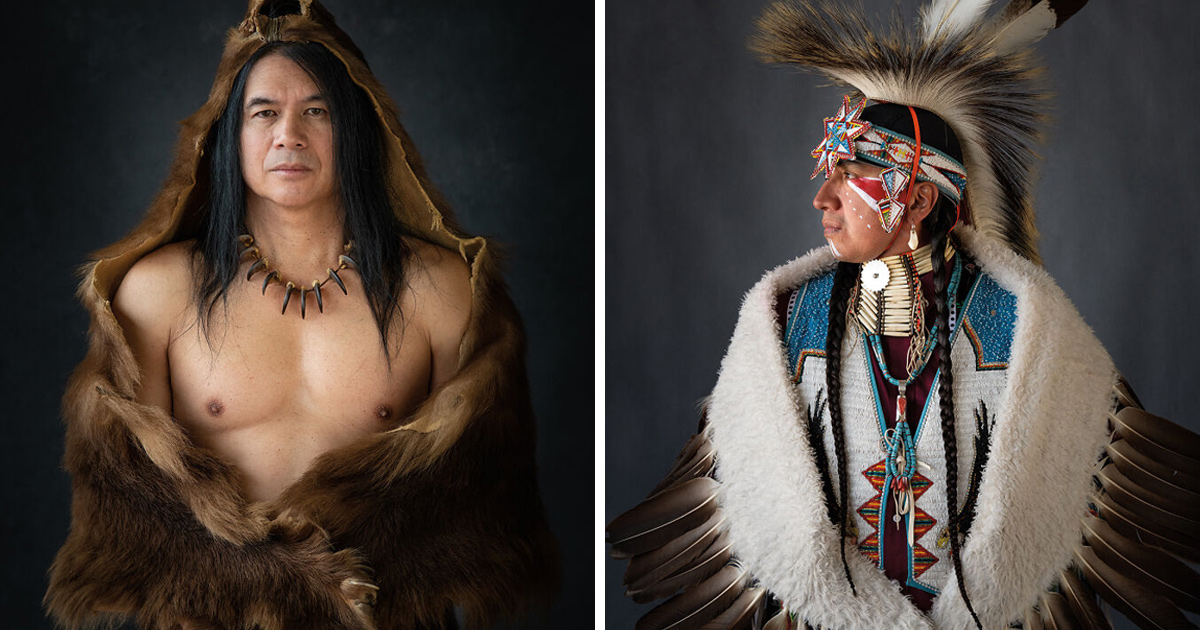 16 portraits authentiques d’Amérindiens vêtus de costumes traditionnels