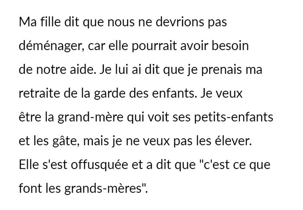 Une grand-mère veut enfin vivre pour elle-même, alors elle se « retire » de la garde de ses petits-enfants, ce qui bouleverse sa fille