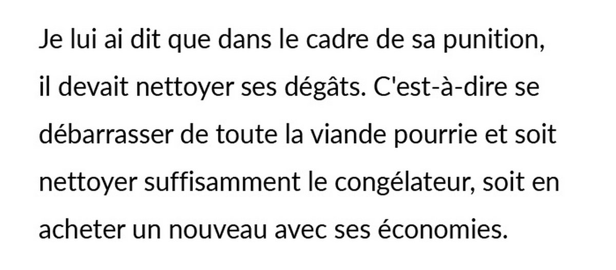 Un père oblige son fils végétarien à se charger de la viande pourrie après qu’il a débranché le congélateur pour faire pourrir leur viande