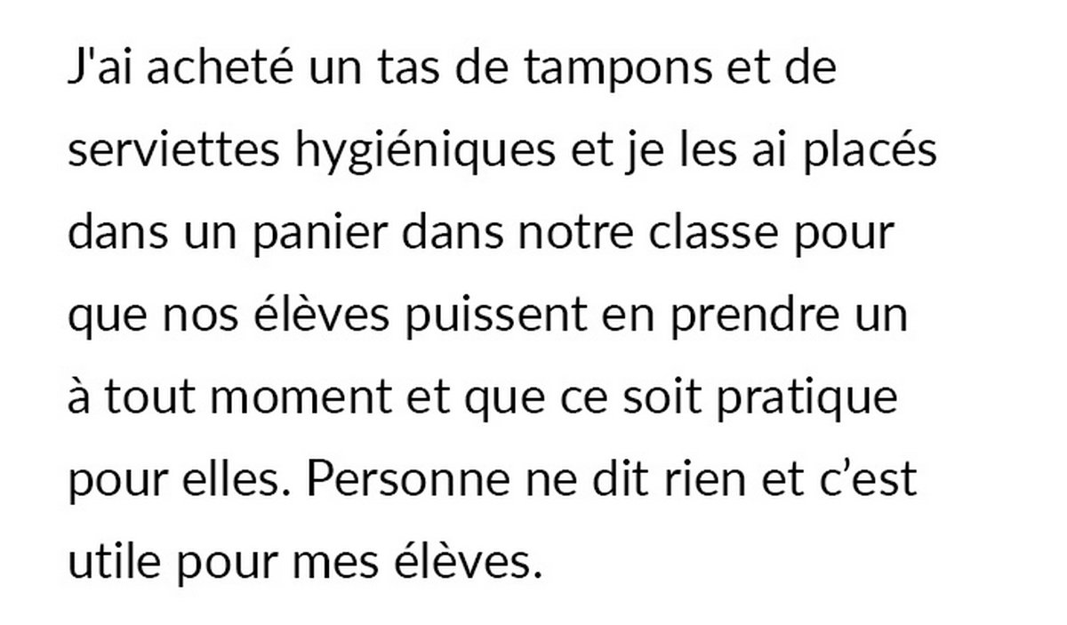Une collègue reproche à un enseignant de garder un panier rempli de tampons et de serviettes hygiéniques pour ses élèves