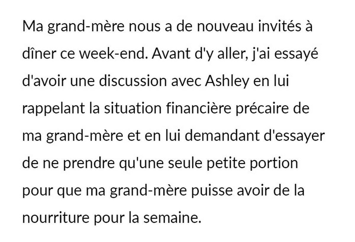 Un homme supplie sa petite amie de ne pas trop manger chez sa grand-mère et demande s’il a tort après qu’elle lui a crié dessus