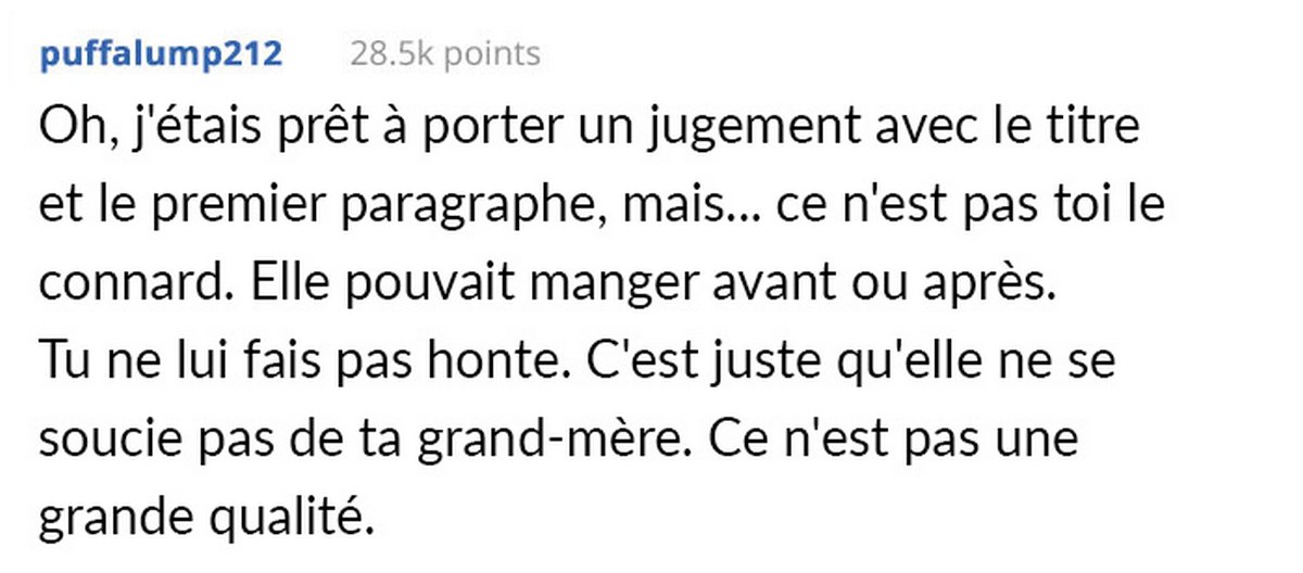 Un homme supplie sa petite amie de ne pas trop manger chez sa grand-mère et demande s’il a tort après qu’elle lui a crié dessus