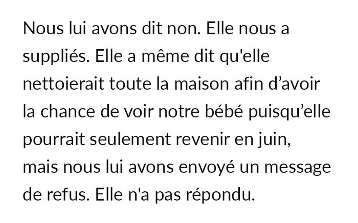 Une belle-soeur ne peut pas rencontrer son petit neveu parce qu’elle est trop fauchée pour respecter toutes les règles que ses parents ont établies