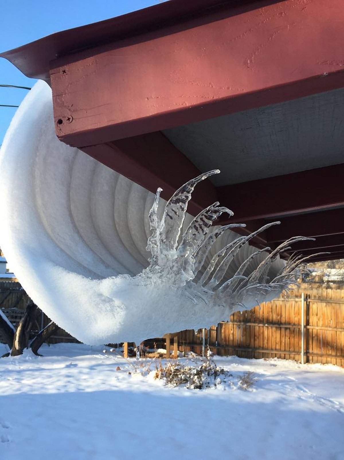 Cette folle vague de glace s’est formée à partir de la neige qui a fondu lentement sur le toit en tôle de mon patio