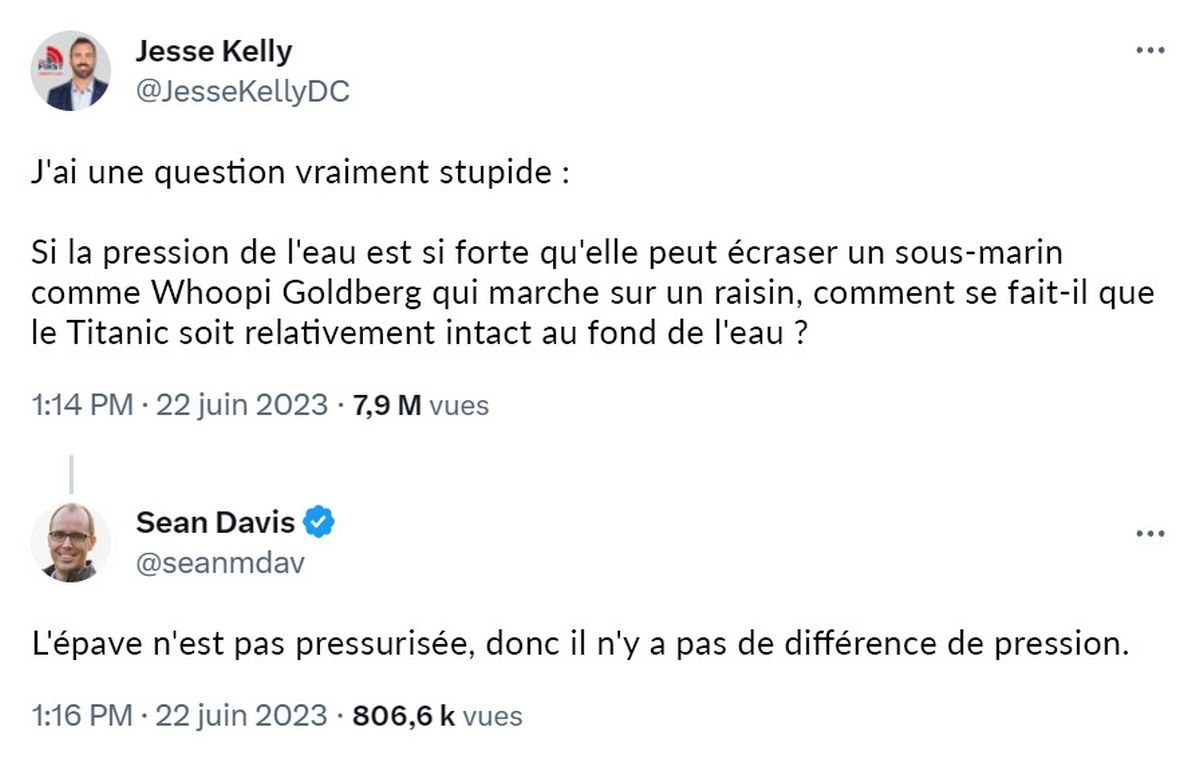 Sean Davis a expliqué dans un tweet que le Titanic n’a pas implosé parce qu’il n’était pas pressurisé et qu’il n’y avait donc pas de différence de pression.