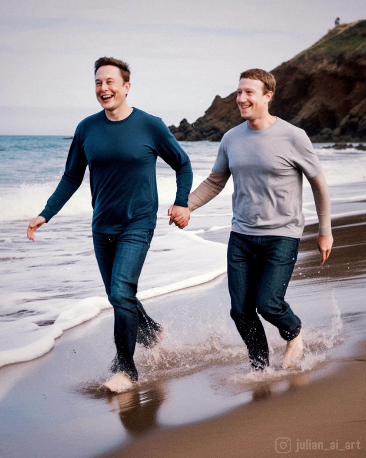L’une des autres images 
 montre Elon Musk et Mark Zuckerberg se tenant la main tout en gambadant sur le rivage.