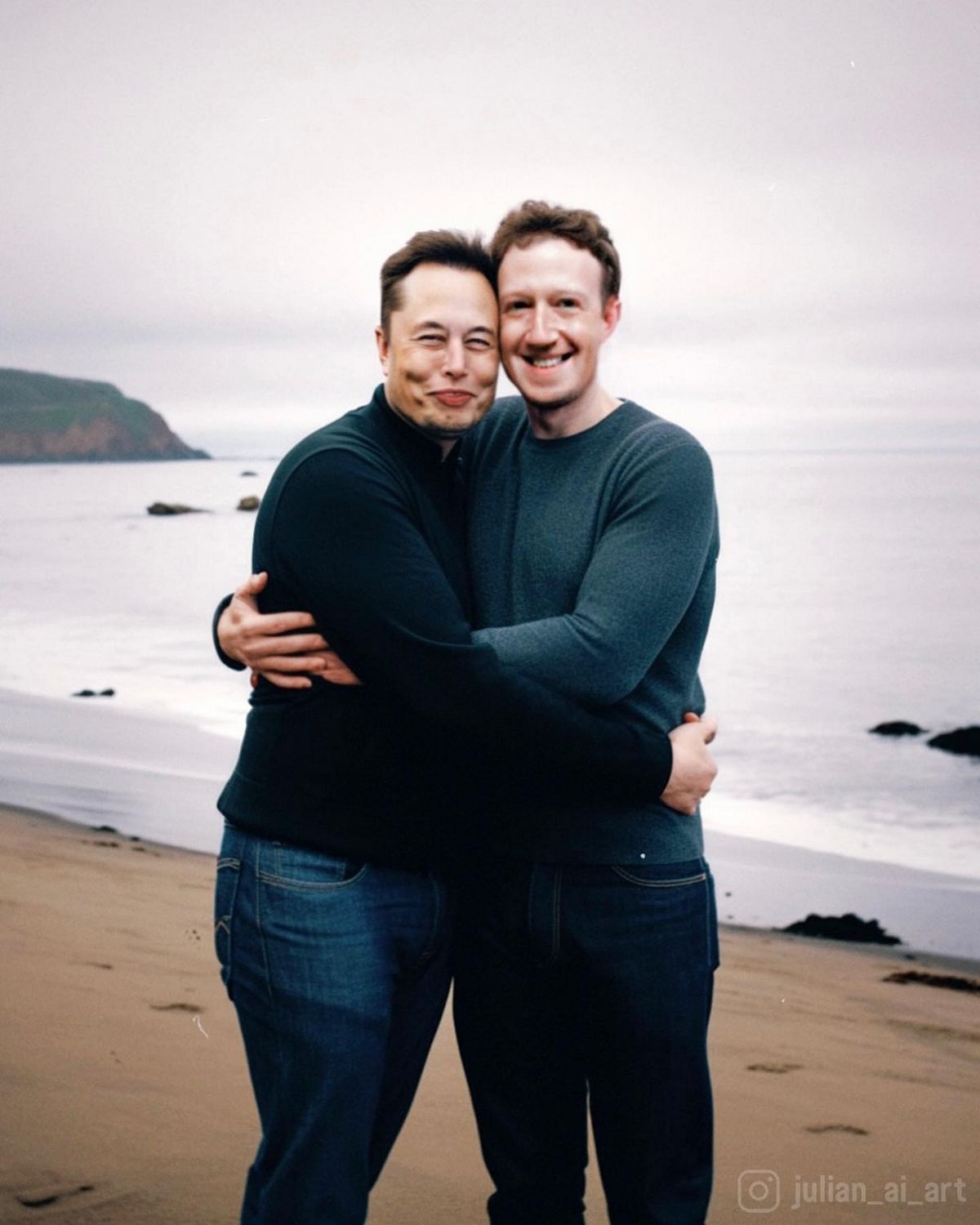 L’une des images générées par l’IA montre Elon Musk et Mark Zuckerberg s’étreignant affectueusement à la plage.