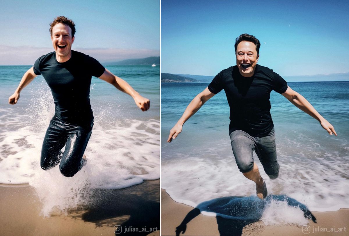 Les dernières images montrent Mark Zuckerberg (gauche) et Elon Musk (droite) batifolant dans les vagues.