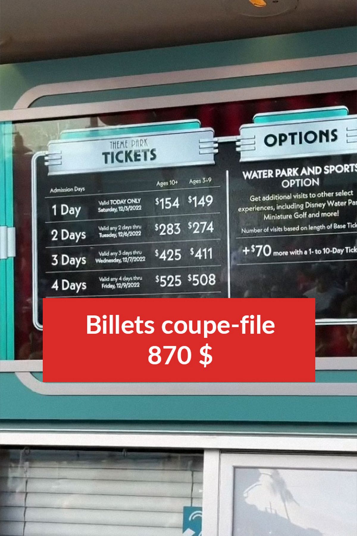 Billets coupe-file : 870 $ (828 €)