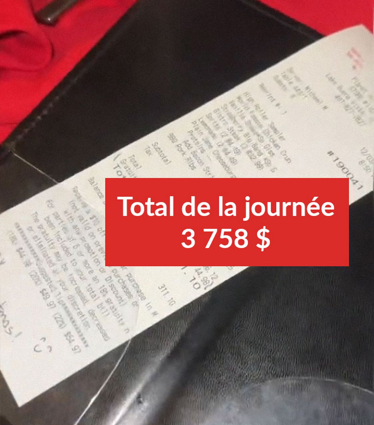 Total de la journée : 3 758 $ (3 576 €)